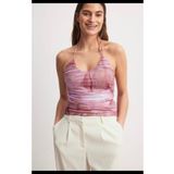 Vera Tekstil Kadın, pembe Batik renkli boyundan bağcıklı V yaka drapeli tül Bluz