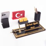 Vera Türk Bayraklı Gold Ahşap Masa Isimliği Seti Çizgi Desen Hediye Ofis Dekoratif Masaüstü Isimlik