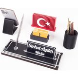 Vera Türk Bayraklı Gümüş Ahşap Masa Isimliği Seti Çizgi Desenli Ofis Dekoratif Masa Üstü Isimlik