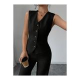 Veraura Lifestyle Kadın Askılı önden Düğmeli Bluz Ve Pantolon Keten Ikili Takım Siyah S 184589