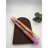 Verda Desing El Emeği Boyama Pembe ve Beyaz Turuncu Çiçekli Dekoratif Şamdan Mumu 2 Li Set - 1