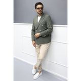 Verde Dokulu Gofre Kumaş Italyan Stil Slim Fit Kruvaze Erkek Ceket Haki - 56