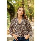 VerdeBlanco Leopar Desenli Dijital Baskılı Uzun Kollu Relax Gömlek