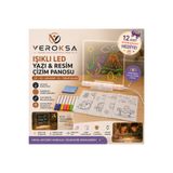 VEROKSA Işıklı LED Yazı ve Çizim Panosu [20*20) – 7 Renkli Kalem, 12 Boyama Şablonu, Silinebilir Akrilik Çizim Tahtası