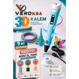VEROKSA MAVİ 3D Kalem Seti | 9 MT PLA Filament + Mini El Fanı Hediyeli | LCD Ekranlı USB Şarjlı 3 Boyutlu Yazıcı Kalemi