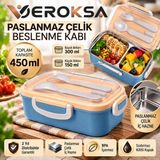 Veroksa Paslanmaz Çelik Beslenme Kabı 450 ml – 2 Bölmeli 300+150 Ml, Sızdırmaz Kilitli Kapaklı, Kaşık Çatallı Yemek Kabı, Okul Ofis Lunch Box - Mavi