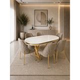 Verona Gold Serisi 6 Kişilik Kahverengi Kumaş 90*168 Beyaz Lake Panel Yemek Masası Takımı – Luxury Concept