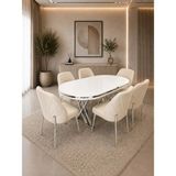 Verona Krom Serisi 6 Kişilik Krem Kumaş 90*168 Beyaz Lake Panel Yemek Masası Takımı – Luxury Concept