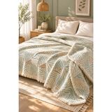 Veronica Line Geometrik %100 Pamuklu Müslin Yatak Örtüsü Pike , Premium Püsküllü Çift Taraflı 220X240 Çeyizlik - Krem - Adaçayı Yeşili - 220 x 240 cm