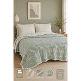 Veronica Line Müslin Yatak Örtüsü Pike 220X240 – %100 Pamuk, Bohem Püsküllü Çift Taraflı - 220 x 240 cm - Mint Yeşili - Bej