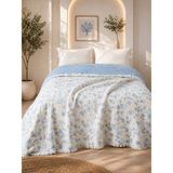 Veronica Line Premium Çiçek Desenli %100 Pamuk Müslin Yatak Örtüsü , Pike , 4 Mevsim - Mavi - 220 x 240 cm
