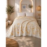 Veronica Line Premium Çiçek Desenli %100 Pamuk Müslin Yatak Örtüsü , Pike , 4 Mevsim - Sarı - 220 x 240 cm
