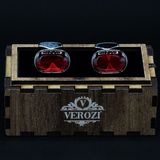 Verozi Kol Düğmesi - Oval Kırmızı Cam Taşlı Gümüş - Kdockg