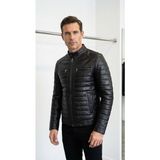 VERRA Erkek Siyah %100 Hakiki Deri Kapitone Şişme Mont - Slim Fit Hakim Yaka Kışlık Ceket - XL