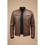 VERRA Hakiki Deri Kahverengi Eskitme Biker Erkek Mont - Kapitoneli Slim Fit Deri Ceket - 3XL