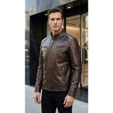 VERRA Kahve Erkek Deri Mont - Slim Fit Hakim Yaka Fermuarlı Biker Ceket - XL