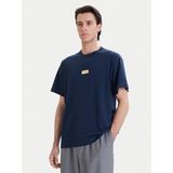 Versace Erkek Metalik Logo Desenli Normal Kalıp Yuvarlak Yakalı Pamuklu Kısa Kollu Mavi-Gold T-Shirt 80GAHT05 CJ00T-G83 - 3XL