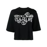 VERSACE JEANS COUTURE Yuvarlak Yaka Baskılı Siyah Kadın T-Shirt 76HAHG01, M, 5003158641002