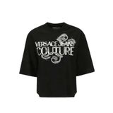 VERSACE JEANS COUTURE Yuvarlak Yaka Baskılı Siyah Kadın T-Shirt 76HAHG01, S, 5003158641003