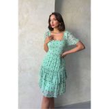 VERYMODA Çağla Kayık Yaka Çiçekli Etek Fırfırlı Kısa Kol Elbise | VMD1674