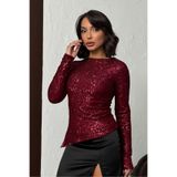 VERYMODA Parlak Payetli Uzun Kollu Bluz - Bordo | F2060