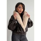 VERYMODA Yakası Kürklü Kruvaze Deri Mont - Kahve | F2050 - Kahve