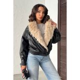VERYMODA | Yakası Kürklü Kruvaze Deri Mont - Siyah Taş | F2050 - Siyah Taş