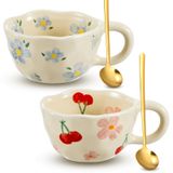Vesici 2 Adet Seramik Kahve Kupaları Kaşıklı Çiçek Kupaları Vintage Çiçekli Kupalar Saplı 8.5 oz Sevimli Estetik Çay Porselen Kupası Ofis Ev, Bulaşık Makinesi ve Mikrodalgada Güvenli (Güzel)