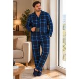 Vesperia Erkek Büyük Beden Pamuklu Ekose Desenli Gömlek Yaka Düğmeli Pijama Takımı