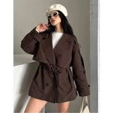 Vess Moda Kadın Acı Kahverengi Rüzgarlık Detaylı Kısa Trençkot Kruvaze Yaka Regular Fit