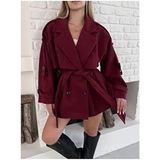 Vess Moda Kadın Bordo Kaşe Düğme ve Kuşak Detaylı Oversize Kısa Kaban Kruvaze Yaka