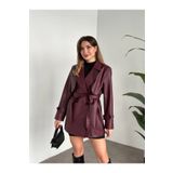 VESS MODA Kadın Bordo Suni Deri Kruvaze Yaka Kısa Trençkot