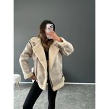 Vess Moda Kadın Içi Peluş Kürklü Oversize Kalıp Desenli Krem Nubuk Deri Mont - 38