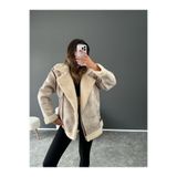 VESS MODA Kadın Içi Peluş Kürklü Oversize Kalıp Desenli Krem Nubuk Deri Mont