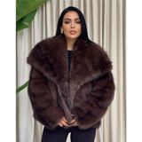 Vess Moda Kadın Kırçıllı Tilki Desen Jakar Kürk Mont - Kahverengi