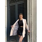 Vess Moda Kadın Yeni Sezon Leopar Astar Detaylı Uzun Blazer Ceket - XL - Bej