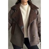Vess Moda Kahverengi Oversize Kadın Deri Ceket Mont Uzun Kol Düğmeli Kapama Özellikli