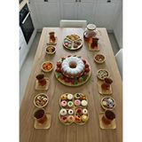 Vesta Concept 15 Parça Bambu Sunum Seti: 6 Çerezlik, 6 Çay Tabağı, 2 Bölmeli Tabak, Cam Demlik, Döner Sunumluk - Bej - Kahverengi