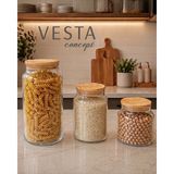 Vesta Concept 3'lü Set Vakumlu Bambu Kapaklı Cam Erzak Saklama Takımı - Dolap Içi Düzenleyici, Bakliyat Saklama Kutusu - 3'lü Karma Boy Set