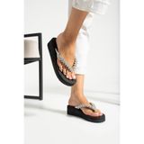 VestioStore Sandy Kadın Siyah Gümüş Boncuklu Parmak Arası 4.5 cm Konfor Platform Rahat Plaj Terliği