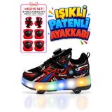 VestioStore Siyah Kırmızı Çocuk Tekerlekli Işıklı Otomatik Bağcık Mekanizmalı Spor Ayakkabı Paten Kaykay Sneaker