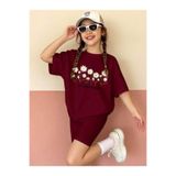 VESTIR BIEN Çicek Baskılı Yazlık T-shirt Kısa Tayt Alt-Üst Çocuk Takım Pamuklu Bordo