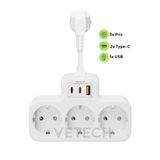 Vetech Akım Korumalı Grup Priz Duvar Tipi 3x Priz, 2x Type-C, 1x USB Port Çıkışlı Çoklu Priz