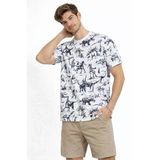 Vexor Erkek Beyaz Dinozor Desenli Tişört – Regular Fit, Bisiklet Yaka, Dijital Baskılı Pamuklu T-Shirt - Beyaz