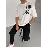 Vexor Erkek Kısa Kol Tişört Bisiklet Yaka Gül Baskılı Oversize T-Shirt - Beyaz - 00-Beyaz - M