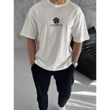 Vexor Erkek Kısa Kol Tişört Bisiklet Yaka Yonca Baskılı Oversize T-Shirt - Beyaz - 00-Beyaz