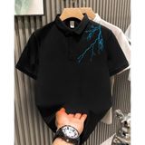 Vexor Erkek Polo Yaka Tişört Düğmeli Yıldırım Baskılı Pike T-Shirt - Siyah