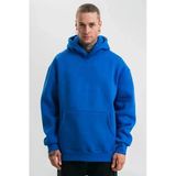 Vexor Erkek Saks Mavi Double Oversize 3 İplik Pamuklu Kapüşonlu Kanguru Cepli Sweatshirt Hoodie - Saks Mavi