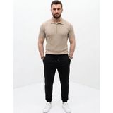 Vexor Erkek Yazlık Triko Saç Örgü Tişört Kısa Kol Polo Yaka Fermuarlı T-Shirt - Bej