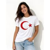 Vexor T-Shirt Kısa Kol Bisiklet Yaka Ay Yıldız Bayrak Baskılı Tişört - Beyaz